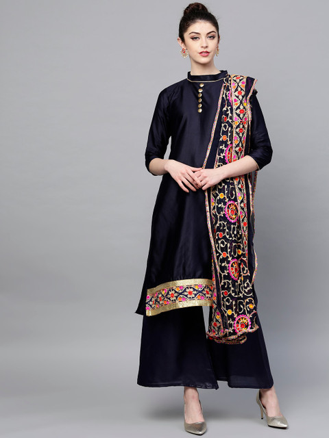 

Ishin Women Navy Blue Thread Work Kurta with Palazzos & With Dupatta