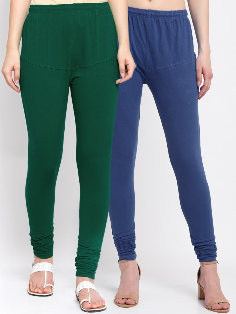 

KLOTTHE Women Pack Of 2 Solid Churidar-Length Cotton Leggings, Blue