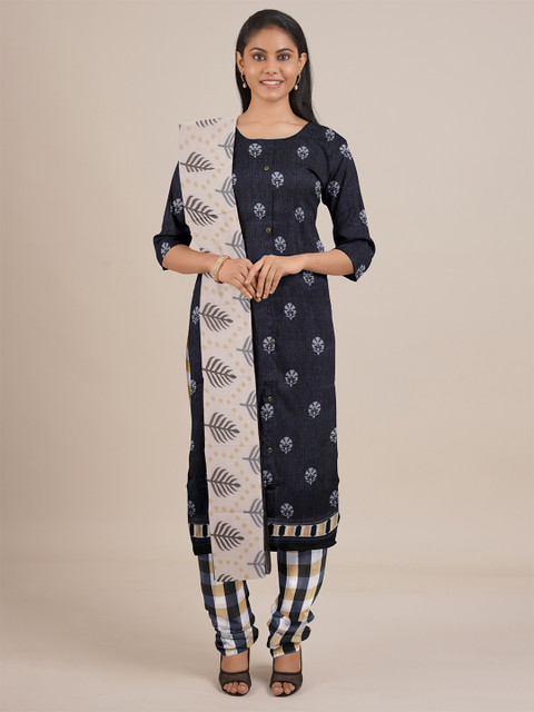 

Pothys Navy Blue & White Printed Unstitched Dress Material