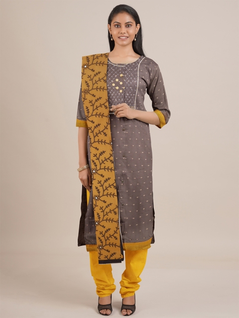 

Pothys Taupe & Yellow Unstitched Dress Material
