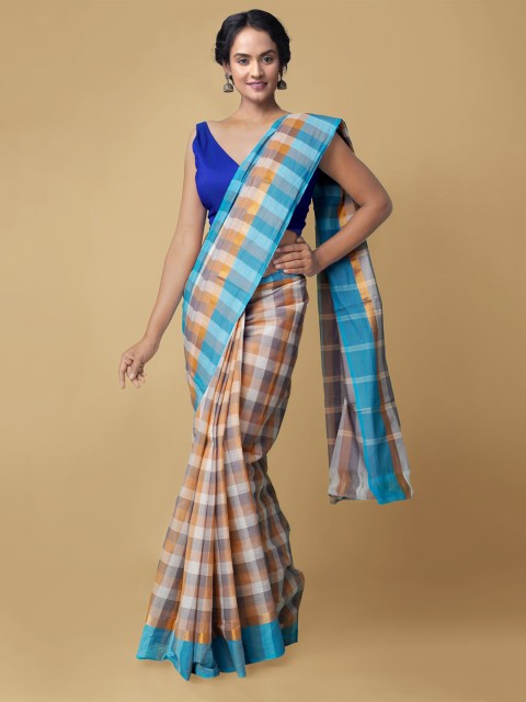 

Unnati Silks Blue & White Checked Pure Cotton Mangalagiri Saree