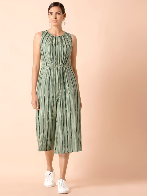 

INDYA Green & White Printed Culotte Jumpsuit