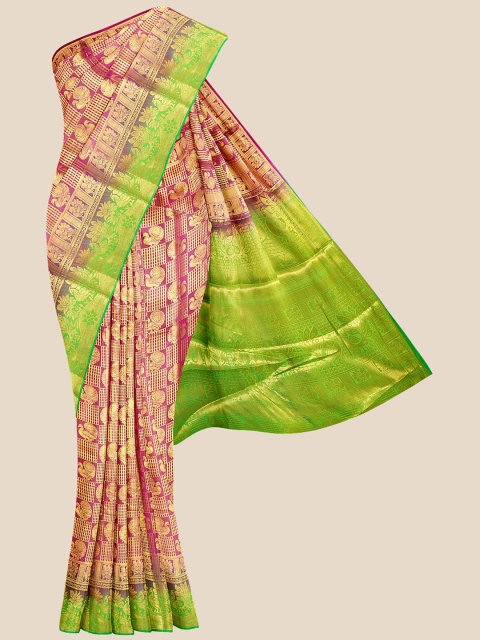 

KLM Fashion Mall Pink & Green Ethnic Motifs Zari Silk Blend Banarasi Saree