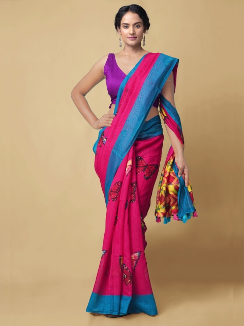 

Unnati Silks Pink & Blue Ethnic Motifs Silk Cotton Chanderi Saree