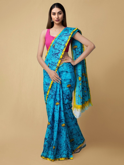 

Unnati Silks Blue & Yellow Floral Pure Cotton Kasavu Saree