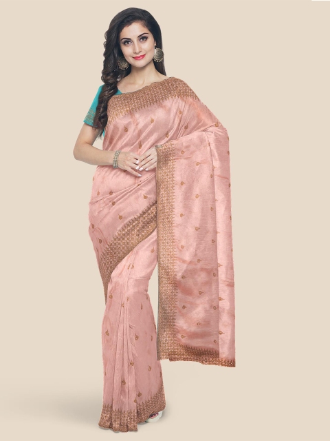 

Kalamandir Coral Pink & Gold-Toned Embellished Beads and Stones Silk Blend Saree