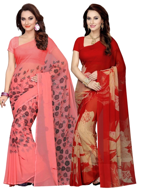 

KALINI Red & Peach-Coloured Set of 2 Poly Georgette Saree