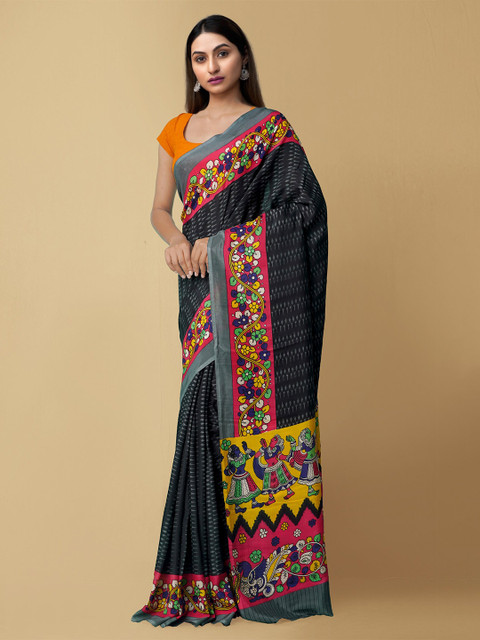 

Unnati Silks Black & Pink Ethnic Motifs Art Silk Pochampally Saree