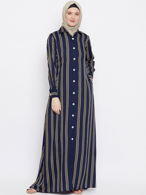 

MOMIN LIBAS Women Navy Blue & Yellow Polycrepe Front Open Abaya Burqa