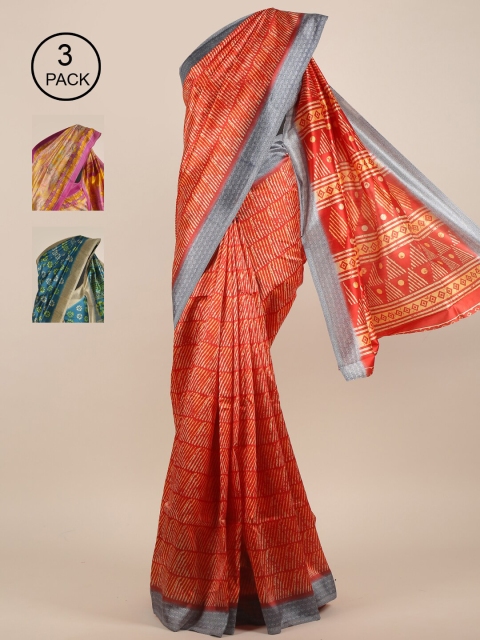 

Pothys Red & Teal Pack of 3 Floral Jute Silk Saree