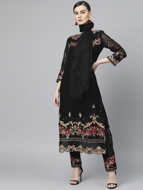 

Ishin Women Black Embroidered Empire Kurti with Trousers & With Dupatta