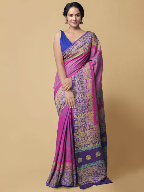 

Unnati Silks Pink & Blue Ethnic Motifs Pure Silk Baluchari Saree
