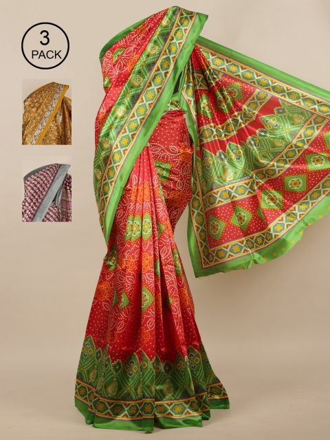 

Pothys Red & Green Pack Of 3 Floral Jute Silk Saree