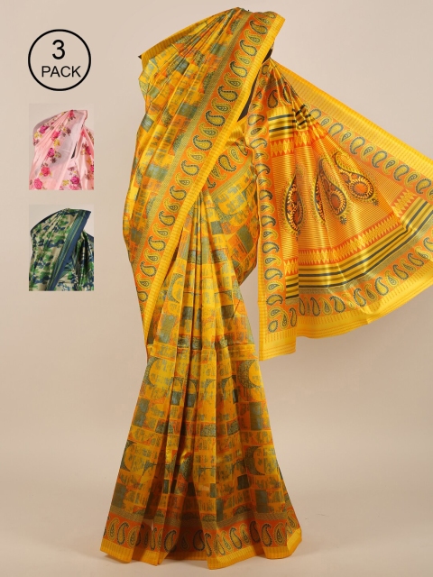 

Pothys Pack of 3 Ethnic Motifs Jute Silk Sarees, Yellow