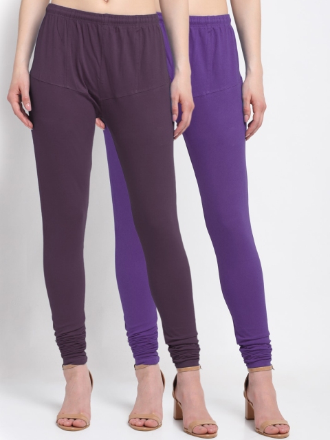 

KLOTTHE Women Pack Of 2 Solid Churidar-Length Cotton Leggings, Purple