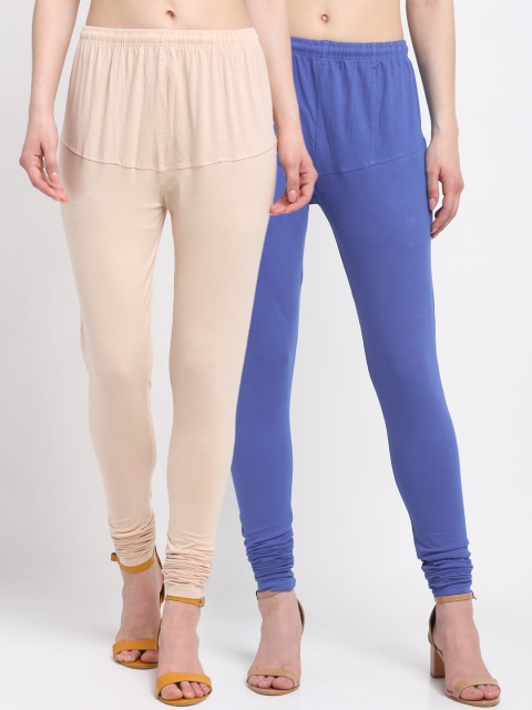 

KLOTTHE Women Pack Of 2 Blue & Cream-Coloured Solid Churidar-Length Cotton Leggings