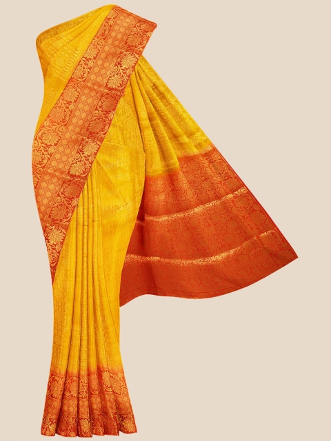 

Kalamandir Yellow & Red Ethnic Motifs Zari Silk Blend Banarasi Saree