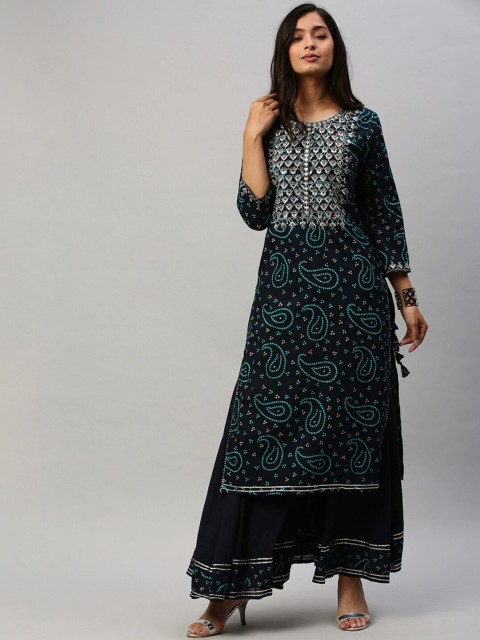 

Ishin Women Navy Blue Ethnic Motifs Embroidered Empire Pure Cotton Kurta with Sharara
