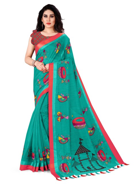 

KALINI Teal & Red Warli Cotton Blend Saree