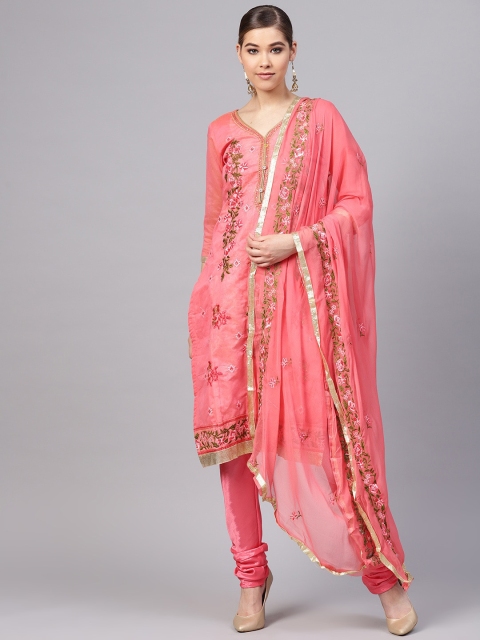 

Ishin Women Pink Floral Embroidered Kurta with Churidar & With Dupatta