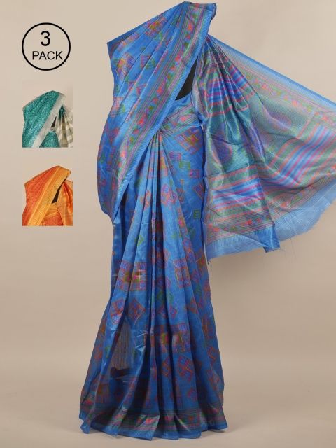 

Pothys Blue & Green Pack of 3 Floral Jute Silk Saree