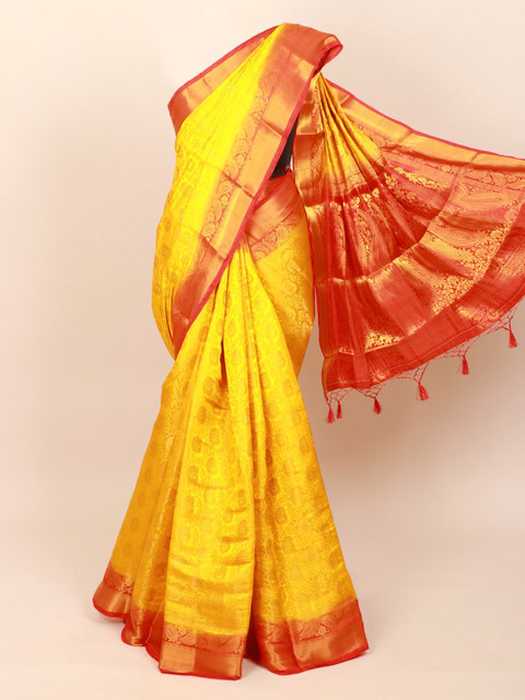 

Pothys Yellow & Gold-Toned Ethnic Motifs Zari Art Silk Banarasi Saree