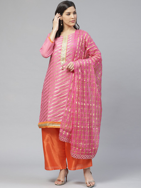 

Ishin Women Pink & Orange Chanderi Silk Kurta with Palazzos & With Dupatta