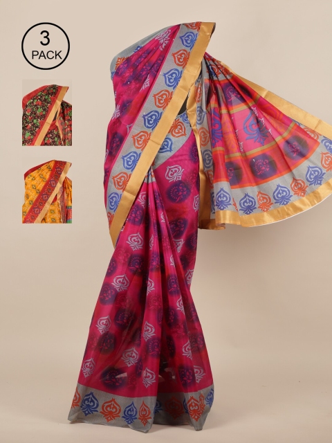 

Pothys Pink & Black Pack of 3 Ethnic Motifs Zari Saree
