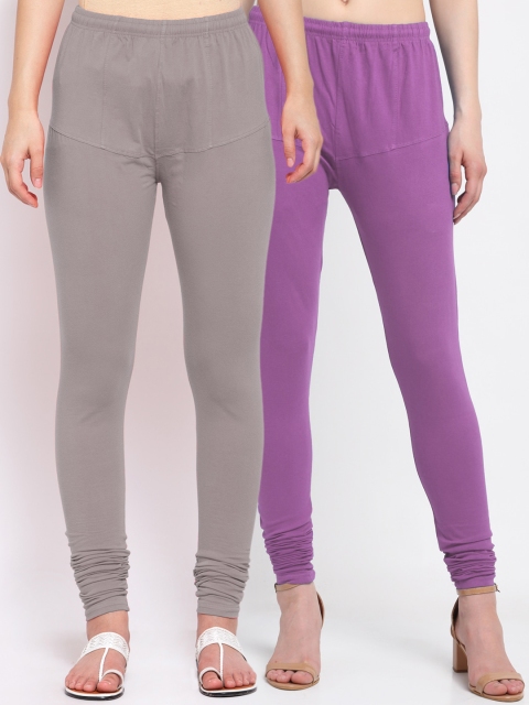 

KLOTTHE Women Pack Of 2 Grey & Lavender Solid Cotton Churidar-Length Leggings