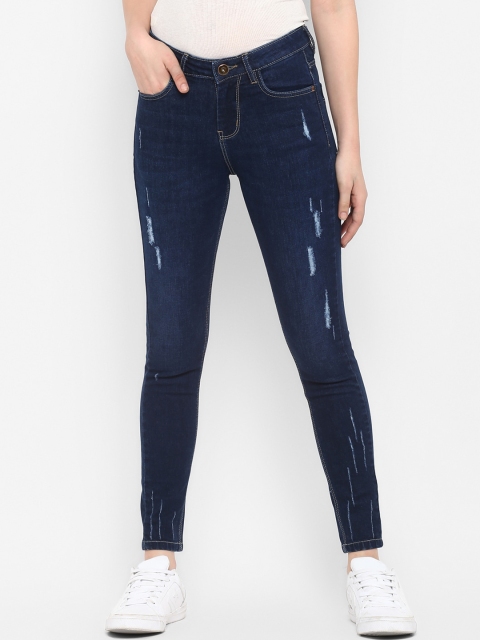 

FOSH Women Navy Blue Skinny Fit Low Distress Light Fade Stretchable Jeans
