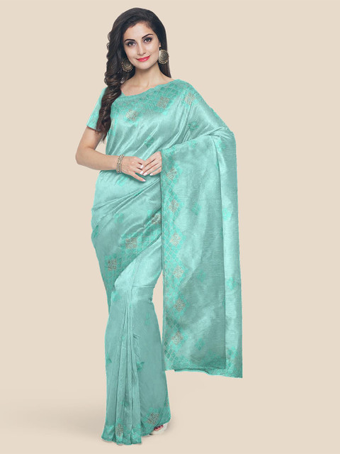 

Kalamandir Turquoise Blue & Silver-Toned Ethnic Motifs Silk Blend Saree