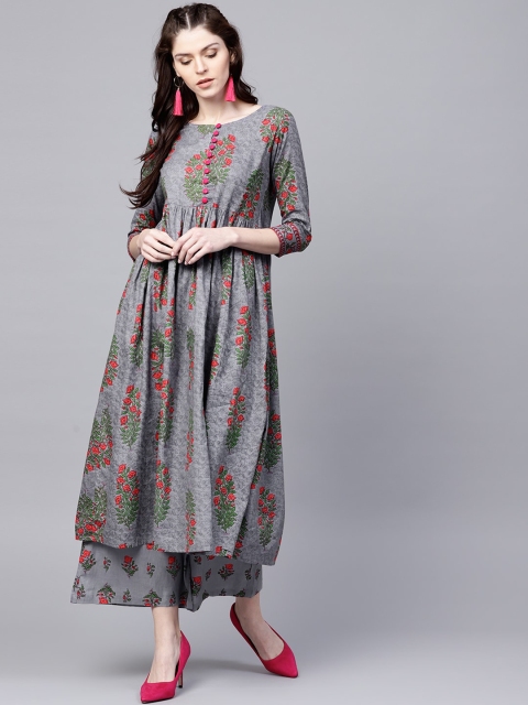 

Ishin Women Grey Printed Pleated Kurti with Palazzos