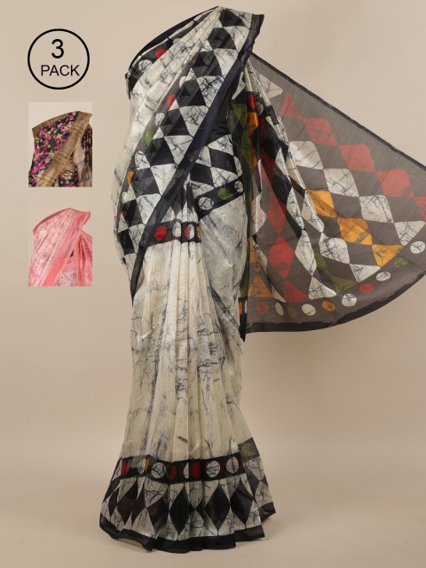 

Pothys Cream-Coloured & Navy Blue Pack of 3 Jute Silk Saree