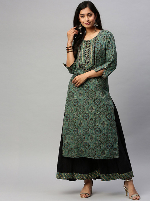 

Ishin Women Green Ethnic Motifs Printed Pure Cotton Kurti with Sharara