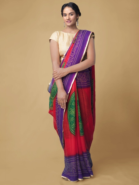 

Unnati Silks Purple & Red Bandhani Saree