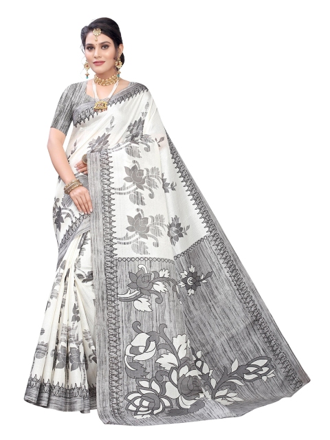 

KALINI White & Grey Floral Printed Art Silk Saree