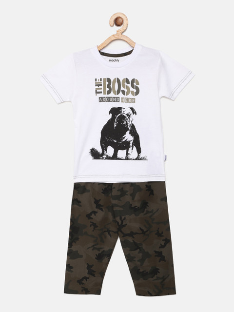 

mackly Boys White & Olive Green Printed Night suit