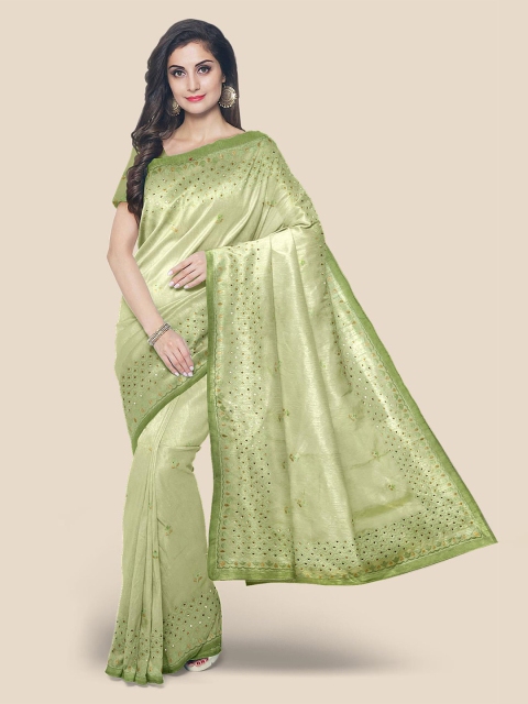 

Kalamandir Green & Silver-Toned Embellished Beads and Stones Silk Blend Saree