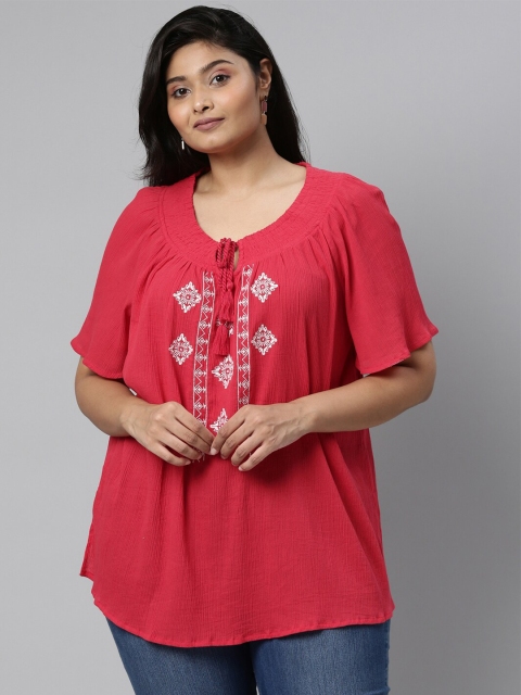 The Pink Moon Women Red Embroidered Tie-Up Neck Regular Top