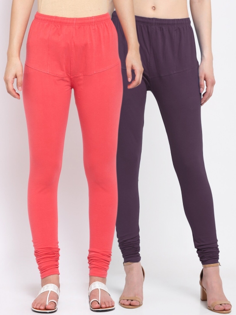 

KLOTTHE Women Pack Of 2 Solid Churidar-Length Cotton Leggings, Purple