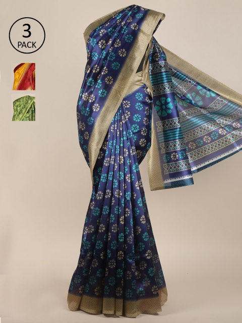 

Pothys Pack of 3 Ethnic Motifs Jute Silk Sarees, Blue