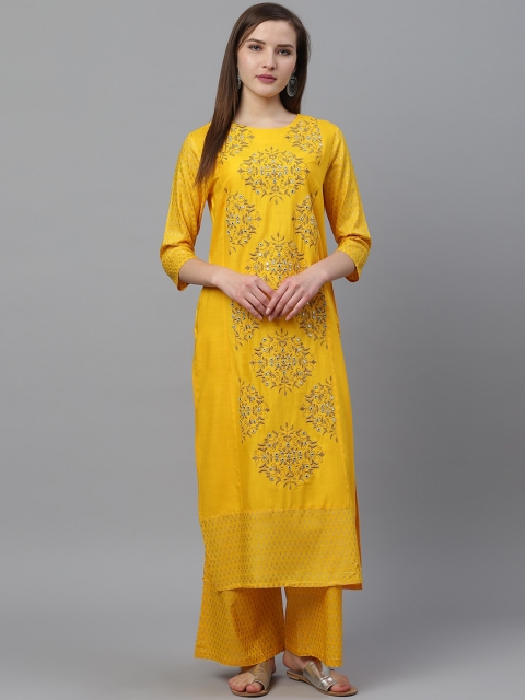 

Ishin Women Yellow Ethnic Motifs Embroidered Kurta with Sharara
