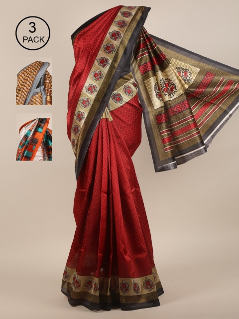 

Pothys Pack of 3 Ethnic Motifs Jute Silk Sarees, Maroon