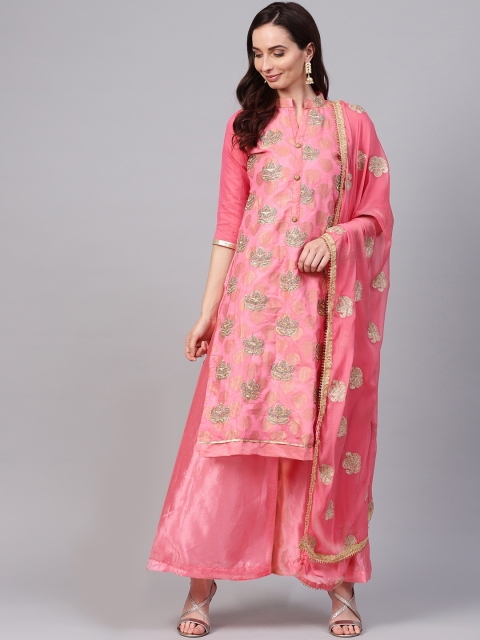 

Ishin Women Pink Ethnic Motifs Printed Kurta with Skirt & With Dupatta