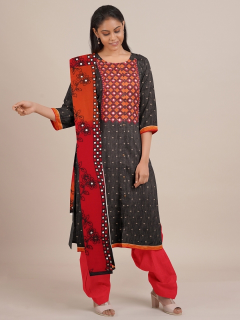 

Pothys Black & Red Unstitched Dress Material