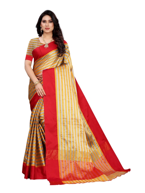 

KALINI Red & Grey Striped Zari Silk Blend Saree