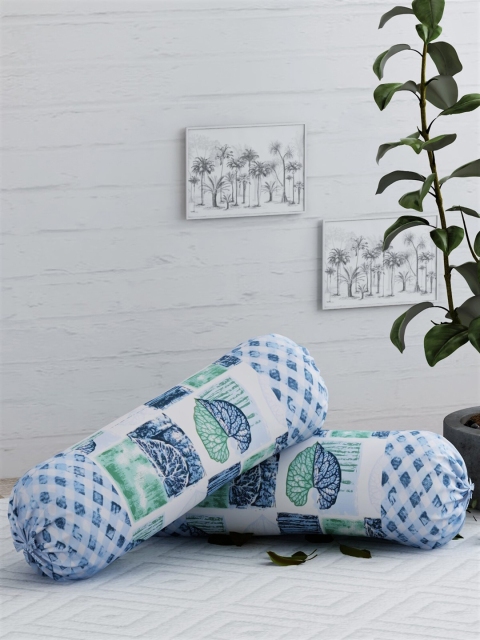

Salona Bichona Set Of 2 White & Blue Printed Pure Cotton 104 TC Bolster Covers