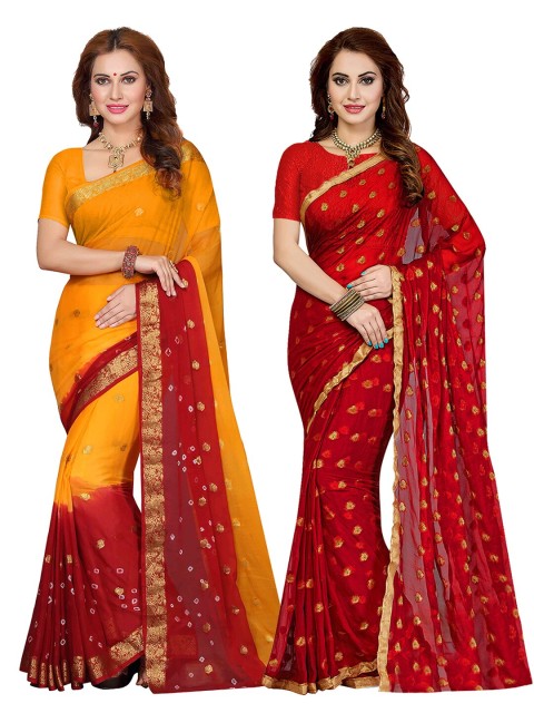 

KALINI Pack of 2 Poly Georgette Bandhani Saree, Yellow