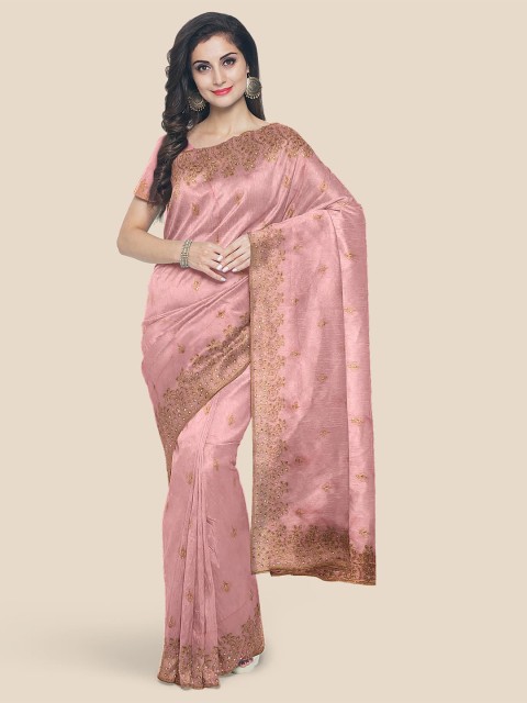 

Kalamandir Pink & Gold-Toned Embellished Beads and Stones Silk Blend Saree