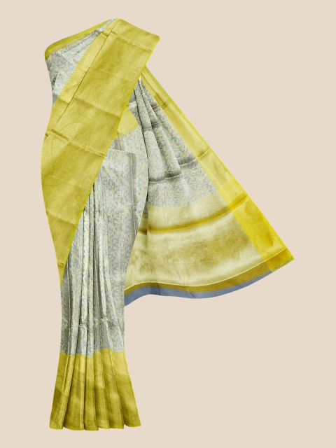 

KLM Fashion Mall Grey & Olive Green Floral Silk Blend Banarasi Saree